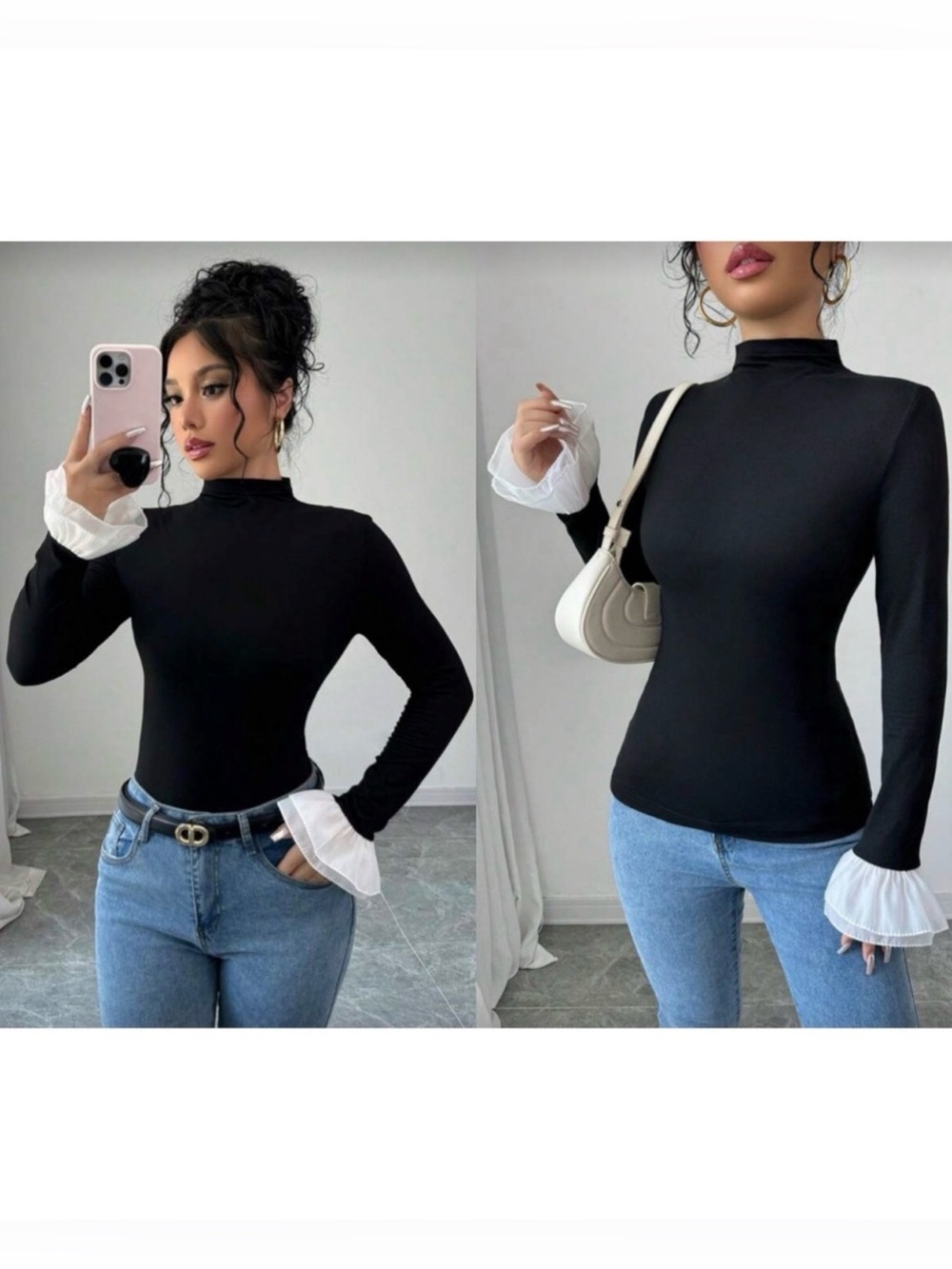 Black Mock Neck White Ruffle Bell Sleeve Top Size Large (US Size 8/10) *NEW*